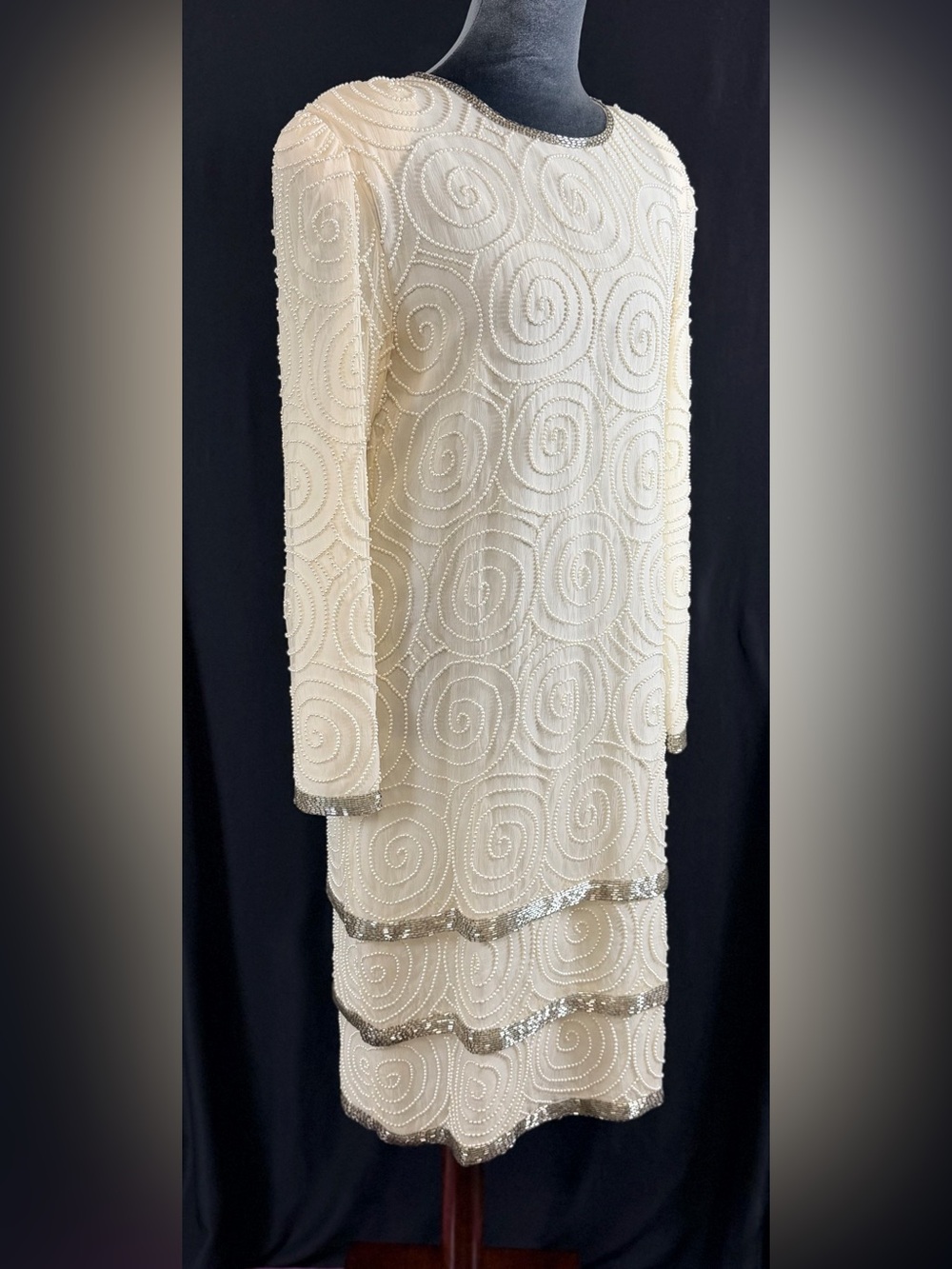 L. Kazar Silk Dress Beaded Ivory Women's Gown with Silver Sequin Trim 80’s